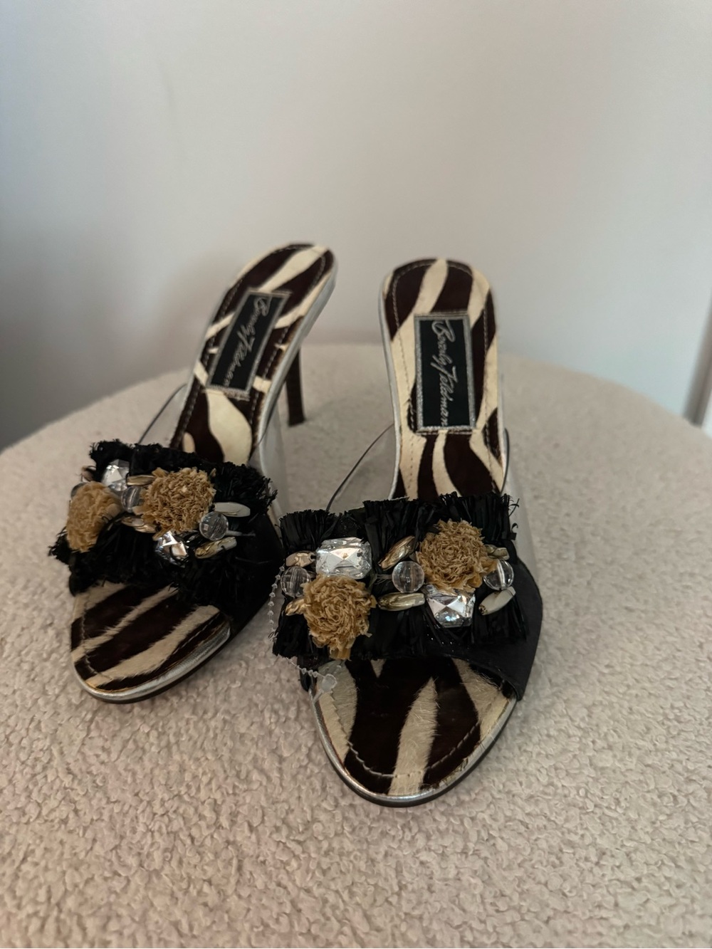 Beverly Feldman Black with Zebra Print and Embellished Mules